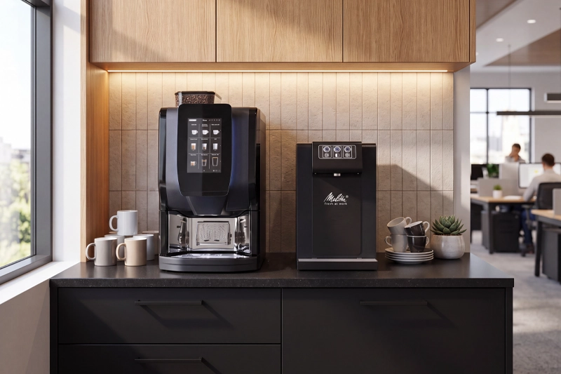 Kaffeevollautomat und Wasserspender von fresh at work in einer modernen Büro Küche